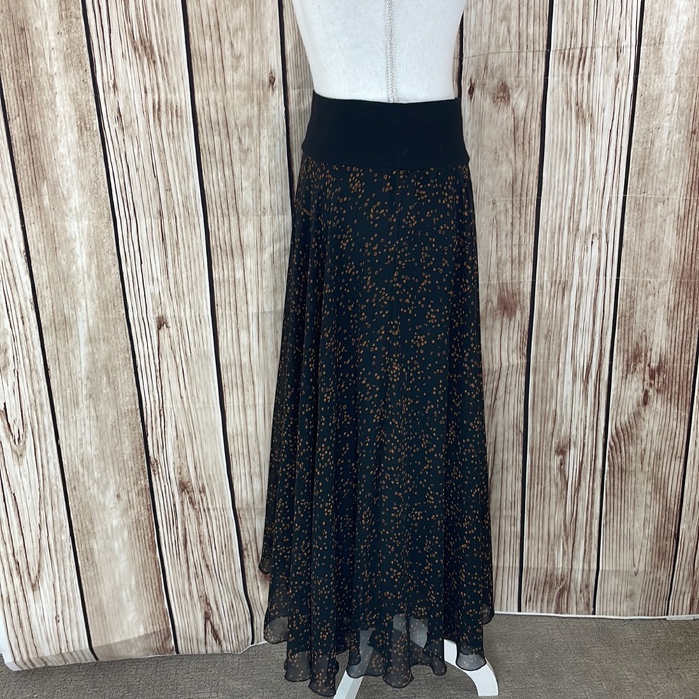 Silk Club Collection Black Flowy Maxi Skirt w/Brown Polka Dot Pattern Size Small - Picture 5 of 8